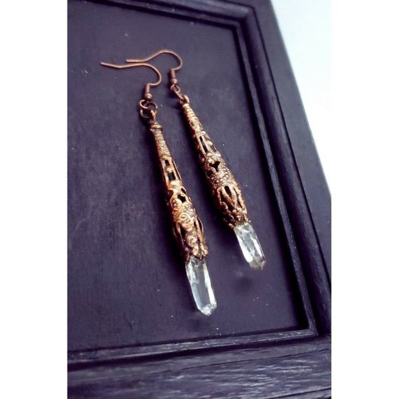 Copper plated filigree quartz crystal earrings handmade gothic style jewelry - Picture 10 of 12